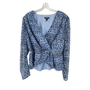 Express Blue Gray Faux Wrap Top Sz Large Animal Print V Neck Long Sleeve